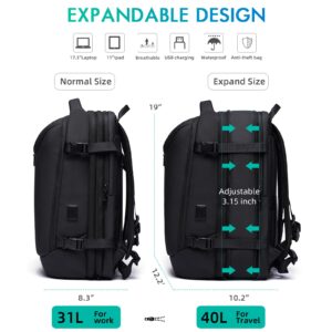 TANGCORLE Carry on Backpack for Women Men 40L Flight Approved Travel Backpack Fit 17 Inch Laptop with USB Charging Expandable Business Weekender