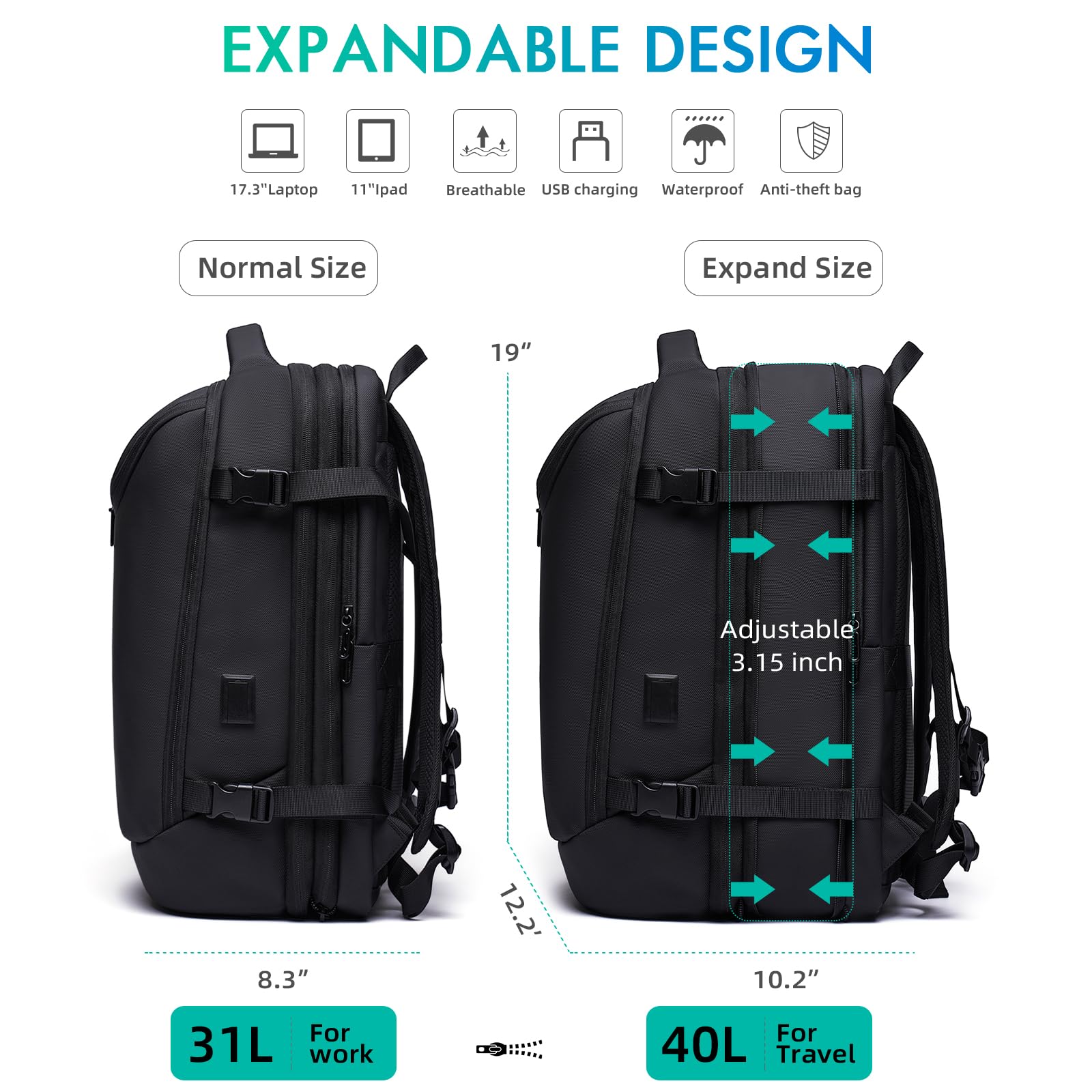 TANGCORLE Carry on Backpack for Women Men 40L Flight Approved Travel Backpack Fit 17 Inch Laptop with USB Charging Expandable Business Weekender