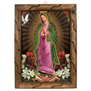 Mrcjsales- Our Lady of Guadalupe image with dove an flowers in rustic frame, Oil painting, 24''x36'', 13''x18'', 10''x12'' inches, religious art image, Virgen de Guadalupe con paloma y flores, Cuadro rustico , Home decor, wall decor, church events, gifts