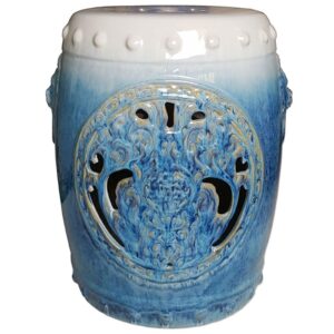 FAIRAH Decorative Ceramic Garden Stool, Glazed Hollow Lion's Head Shoe Changing Stool Drum Stool, Suitable for Outdoor Garden, Living Room, Balcony, Etc. (Color : White Blue)