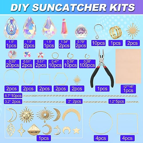 HYBEADS 200 pcs DIY Sun Catchers Making Kits Craft for Adults Crystal Suncatchers Supplies Stained Glass Window Hanging Prism Indoor Outdoor Garden Xmas Decor with Rainbow Maker Pendants Chains