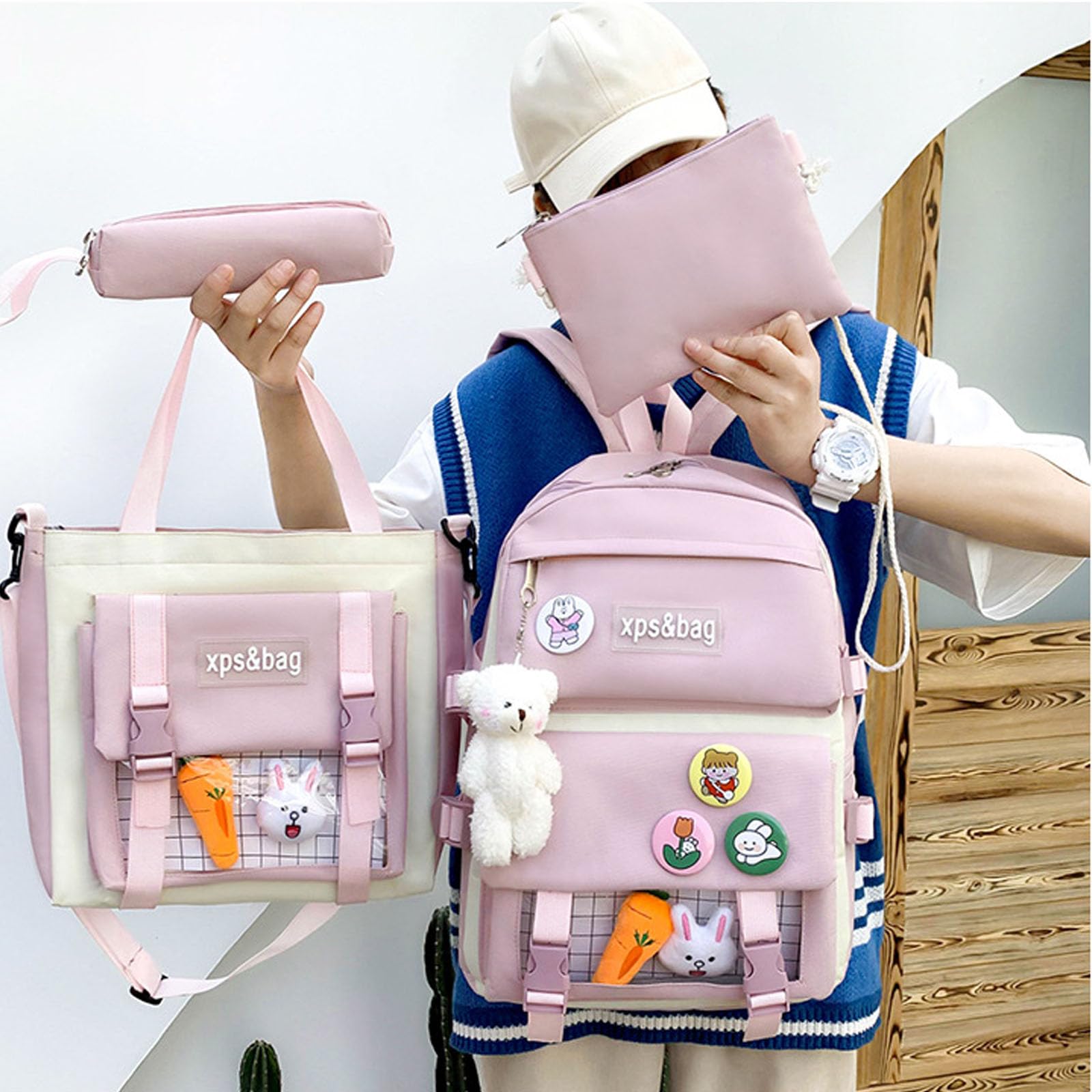 Aiyify 4Pcs Kawaii Backpack Cute Backpack for School Aesthetic Backpack Kawaii School Supplies Backpack Set with Accessories (Pink-A)…