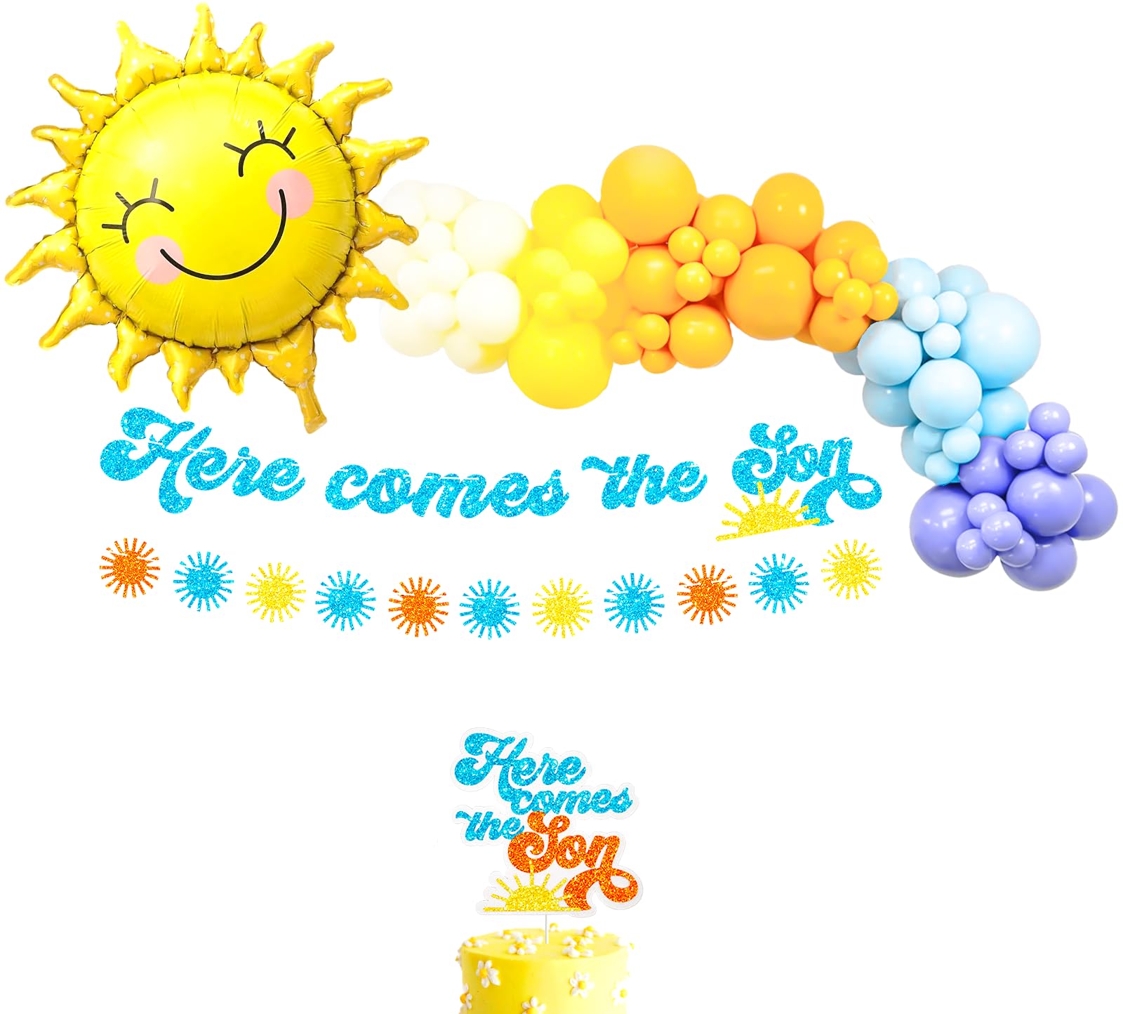 Here Somes the Son Baby Shower Decorations Boho Retro Sun Balloon Garland Arch Kit Here Comes the Son Cake Topper Sun Garland Banner for First Trip around the Sun Decorations