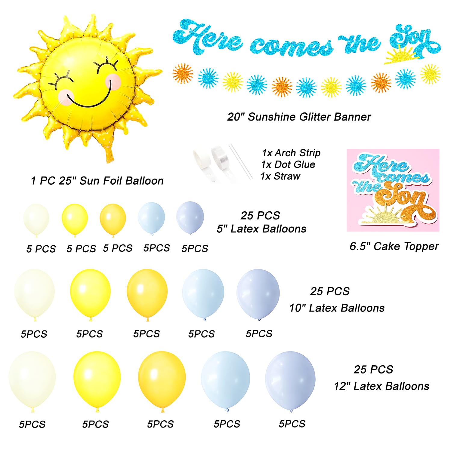 Here Somes the Son Baby Shower Decorations Boho Retro Sun Balloon Garland Arch Kit Here Comes the Son Cake Topper Sun Garland Banner for First Trip around the Sun Decorations