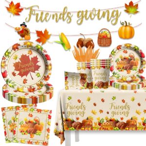 friends giving party decorations,142pcs fall tableware includes paper plates,tablecloth,cups autumn pumpkin maple turkey theme decorations for friends giving holiday,fall decoration