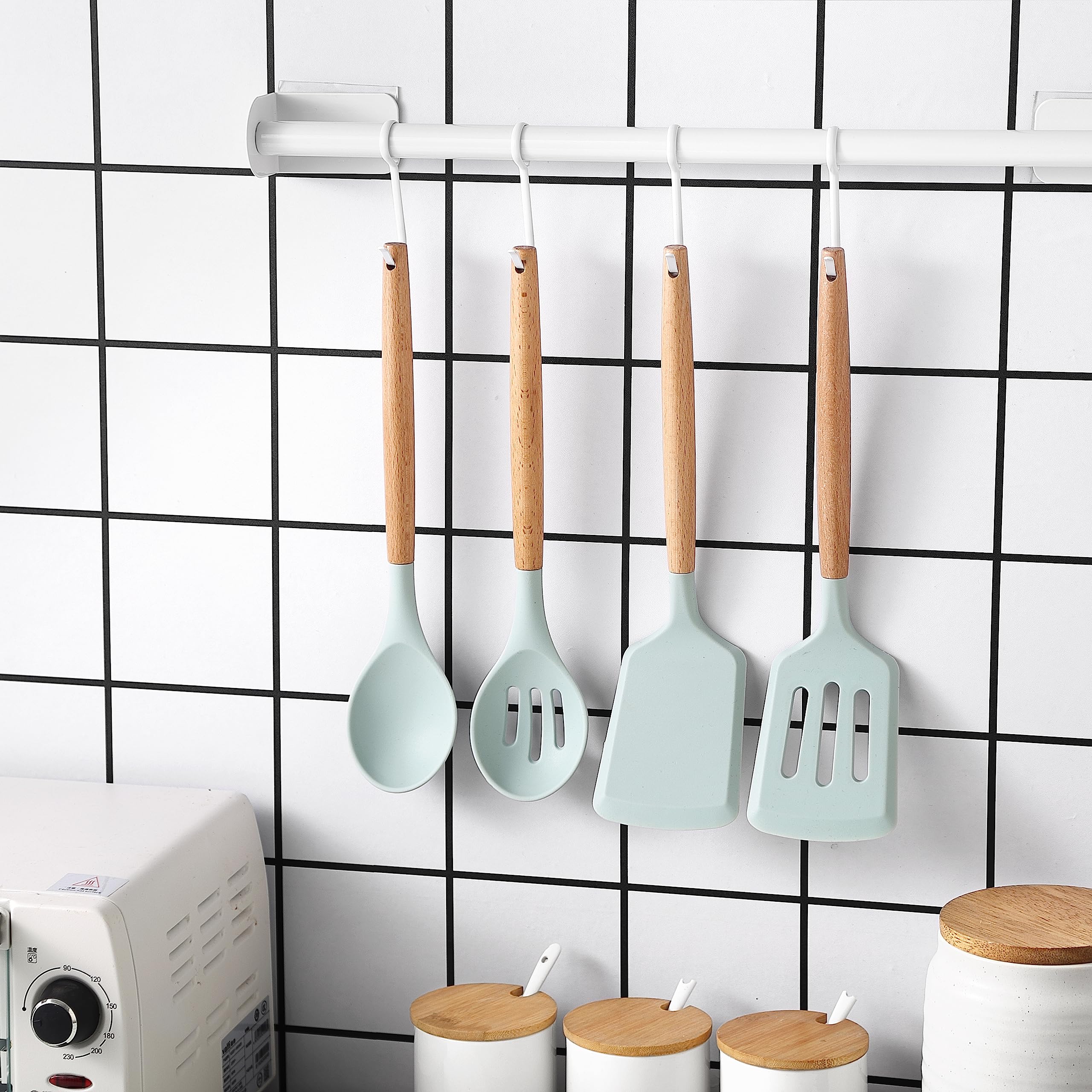 Country Kitchen Silicone Cooking Utensils, 14 Pc Kitchen Utensil Set, Easy to Clean Wooden Kitchen Utensils, Cooking Utensils for Nonstick Cookware, Kitchen Gadgets and Spatula Set