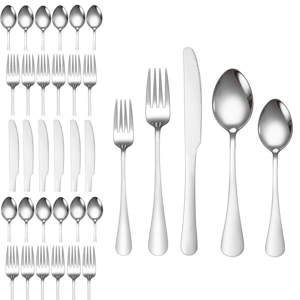 30 Piece Silverware Set Service for 6,Premium Stainless Steel Flatware Set,Mirror Polished Cutlery Utensil Set,Durable Home Kitchen Eating Tableware Set with Forks Spoons and Knives Set Silver