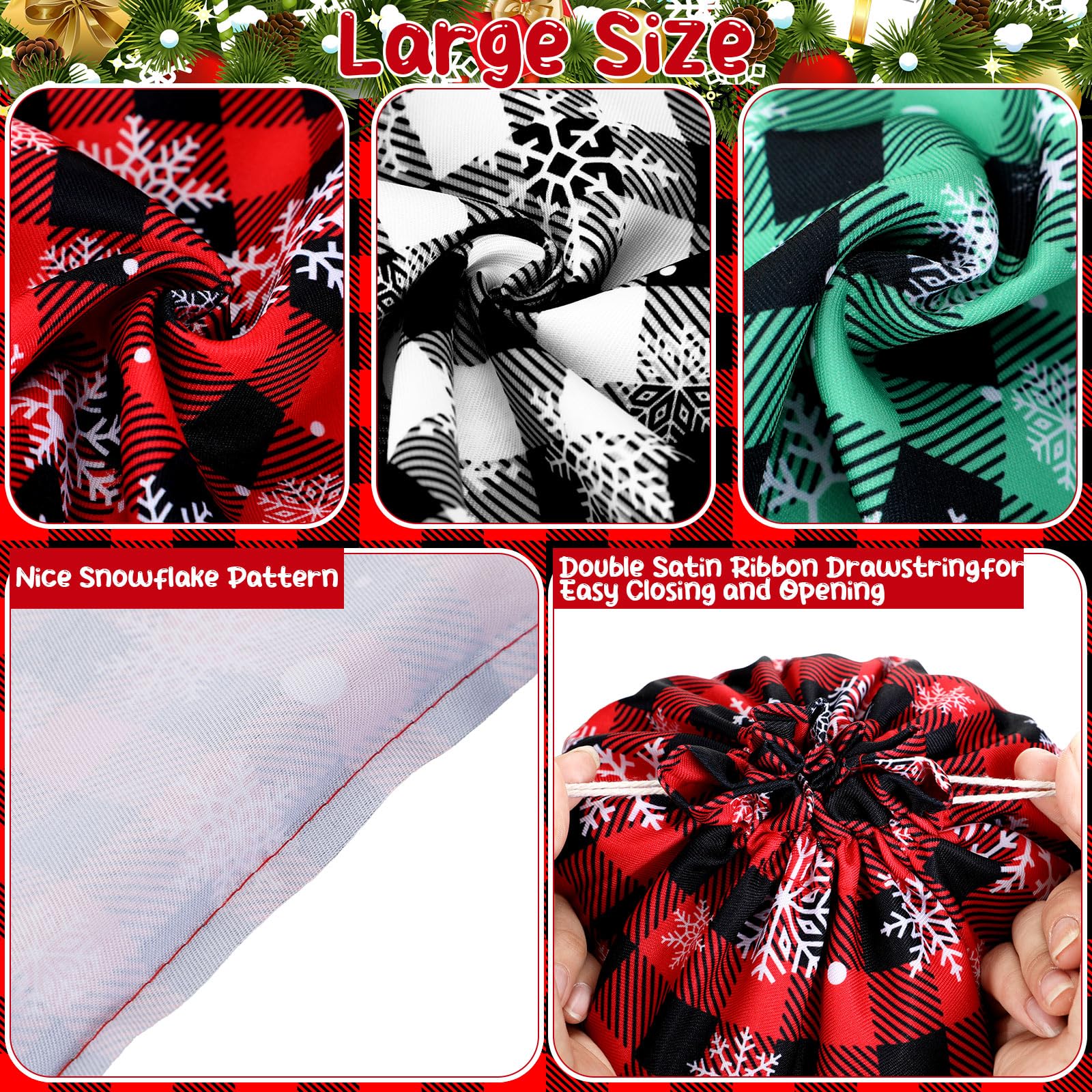 Shappy 10 Pcs Christmas Buffalo Plaid Drawstring Bags Drawstring Gift Bags Large Sacks Xmas Wrapping Bags Cotton Drawstring Bags Sack for Party Favors Candies (Red, Green, Black,12 x 16 Inch)