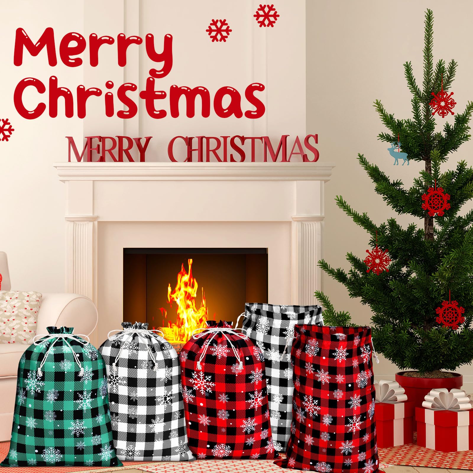 Shappy 10 Pcs Christmas Buffalo Plaid Drawstring Bags Drawstring Gift Bags Large Sacks Xmas Wrapping Bags Cotton Drawstring Bags Sack for Party Favors Candies (Red, Green, Black,12 x 16 Inch)