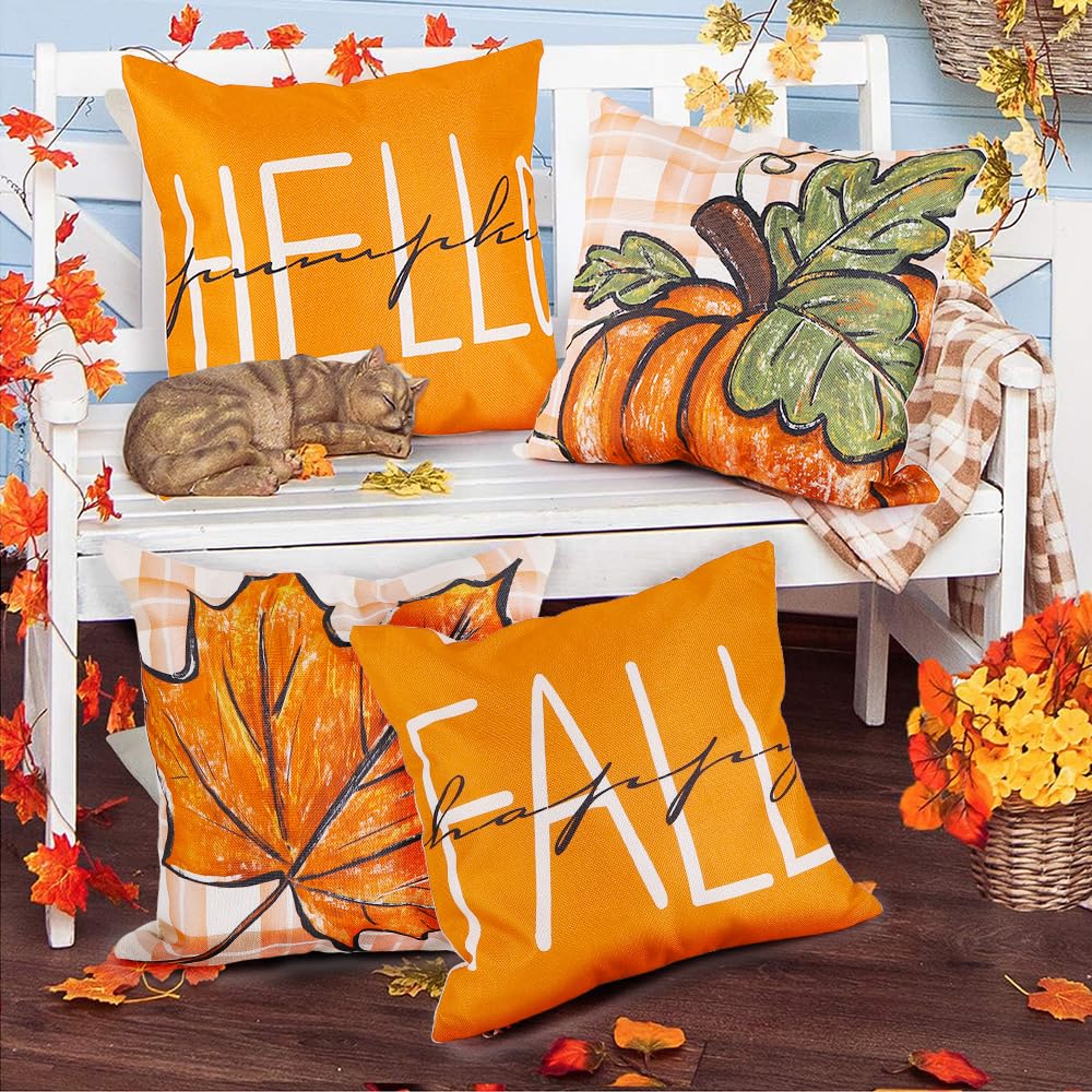 YUJUN 4 Pack Fall Pillow Covers Decoration,18x18in Buffalo Plaid Farmhouse Pumpkin Maple Leaves Thanksgiving Fall Throw Pillows Cushion Case Couch Decor for Autumn Home Outdoor Decorations