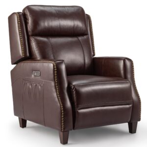 BMBMT Brown Recliner Chair, Genuine Leather Recliner with Retro Rivet Design, High-Density Sponge, Power Recliner Chair for Living Room, Bedroom, Office, Home Theater