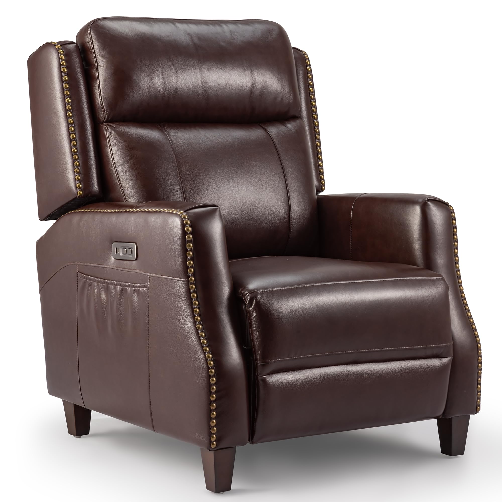 BMBMT Brown Recliner Chair, Genuine Leather Recliner with Retro Rivet Design, High-Density Sponge, Power Recliner Chair for Living Room, Bedroom, Office, Home Theater