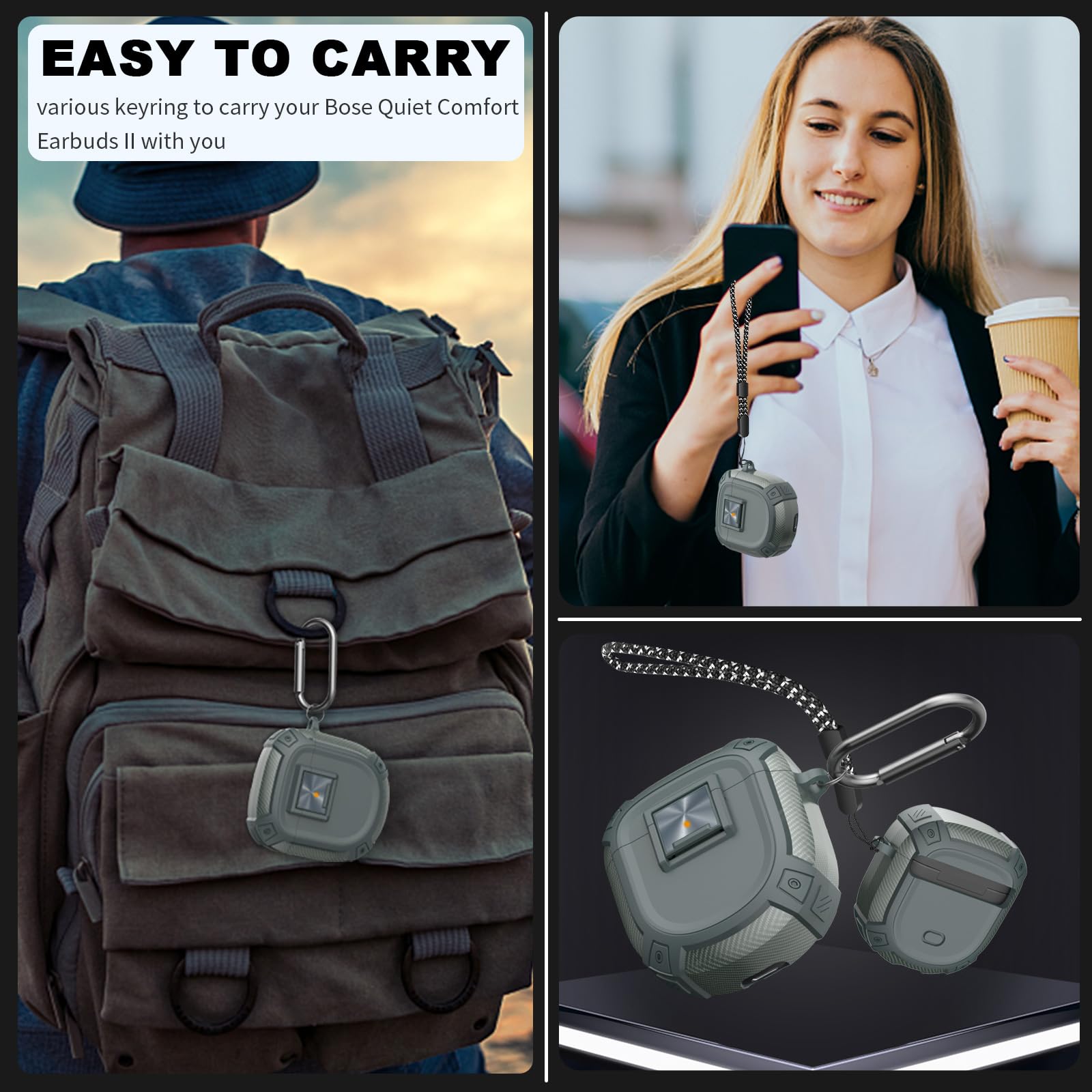 Secure Lock Bose QuietComfort Earbuds II Case(2022)&QuietComfort Ultra Case (2023),WQNIDE Shockproof Protective Bose Earbuds 2 Case Cover for Bose QC II Accessories with Carabiner&Lanyard (Grey)