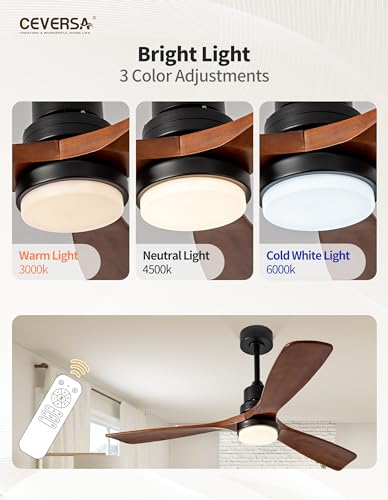 Ceversa 52 Inch Solid Wood Ceiling Fan with Light and Remote Control, 3 Blades Modern Ceiling Fan Walnut Craftmade Quiet for Living Room Bedroom Farmhouse Indoor Outdoor Balcony