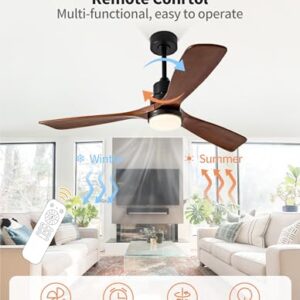 Ceversa 52 Inch Solid Wood Ceiling Fan with Light and Remote Control, 3 Blades Modern Ceiling Fan Walnut Craftmade Quiet for Living Room Bedroom Farmhouse Indoor Outdoor Balcony