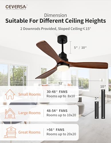 Ceversa 52 Inch Solid Wood Ceiling Fan with Light and Remote Control, 3 Blades Modern Ceiling Fan Walnut Craftmade Quiet for Living Room Bedroom Farmhouse Indoor Outdoor Balcony