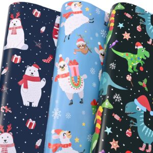 U'COVER Christmas Wrapping Paper for Kids Boys Girls 6 Large Sheet Gift Wrapping Paper for Women Men Christmas Dinosaur,Bear,Llama Sloth Xmas Holiday New Year Wrap Paper Folded Flat 27 * 37inch