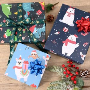 U'COVER Christmas Wrapping Paper for Kids Boys Girls 6 Large Sheet Gift Wrapping Paper for Women Men Christmas Dinosaur,Bear,Llama Sloth Xmas Holiday New Year Wrap Paper Folded Flat 27 * 37inch