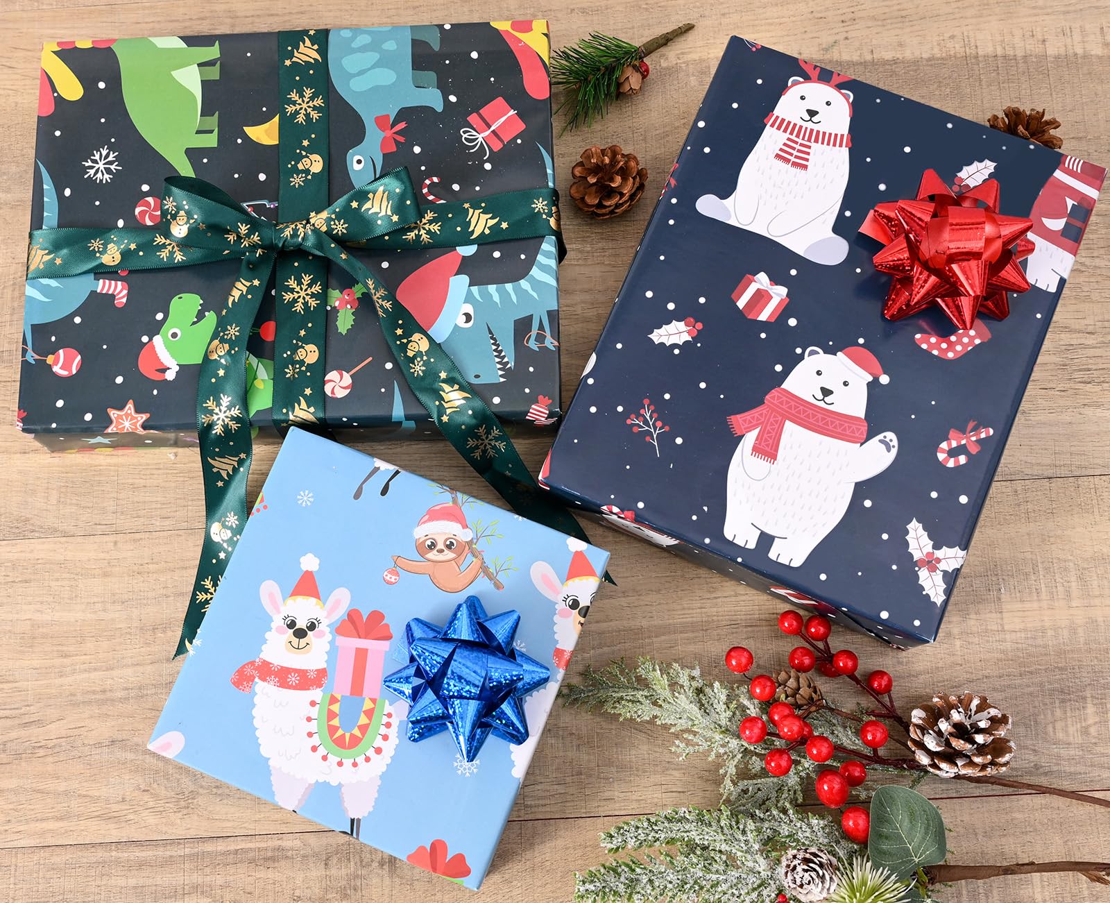 U'COVER Christmas Wrapping Paper for Kids Boys Girls 6 Large Sheet Gift Wrapping Paper for Women Men Christmas Dinosaur,Bear,Llama Sloth Xmas Holiday New Year Wrap Paper Folded Flat 27 * 37inch