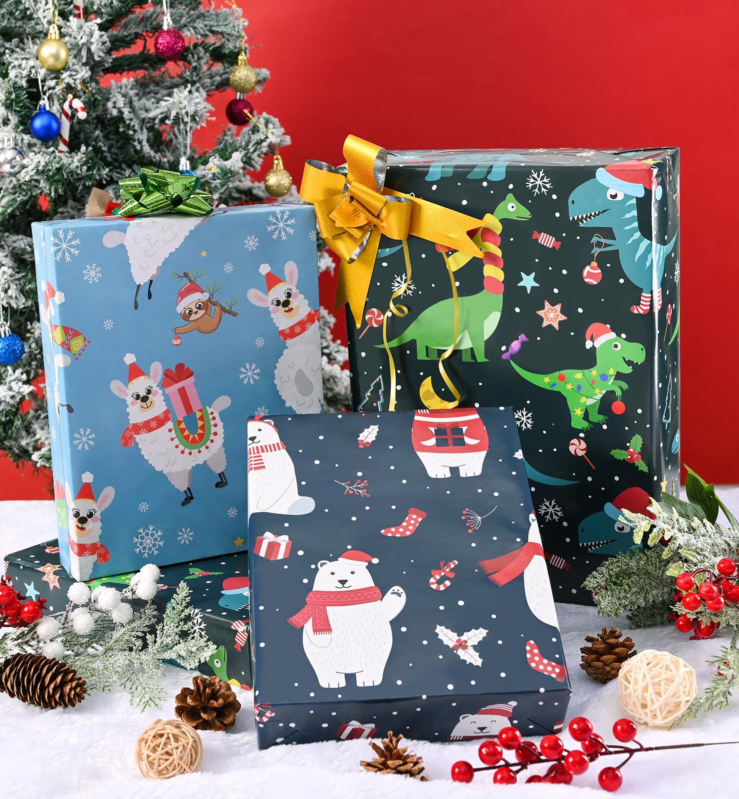 U'COVER Christmas Wrapping Paper for Kids Boys Girls 6 Large Sheet Gift Wrapping Paper for Women Men Christmas Dinosaur,Bear,Llama Sloth Xmas Holiday New Year Wrap Paper Folded Flat 27 * 37inch