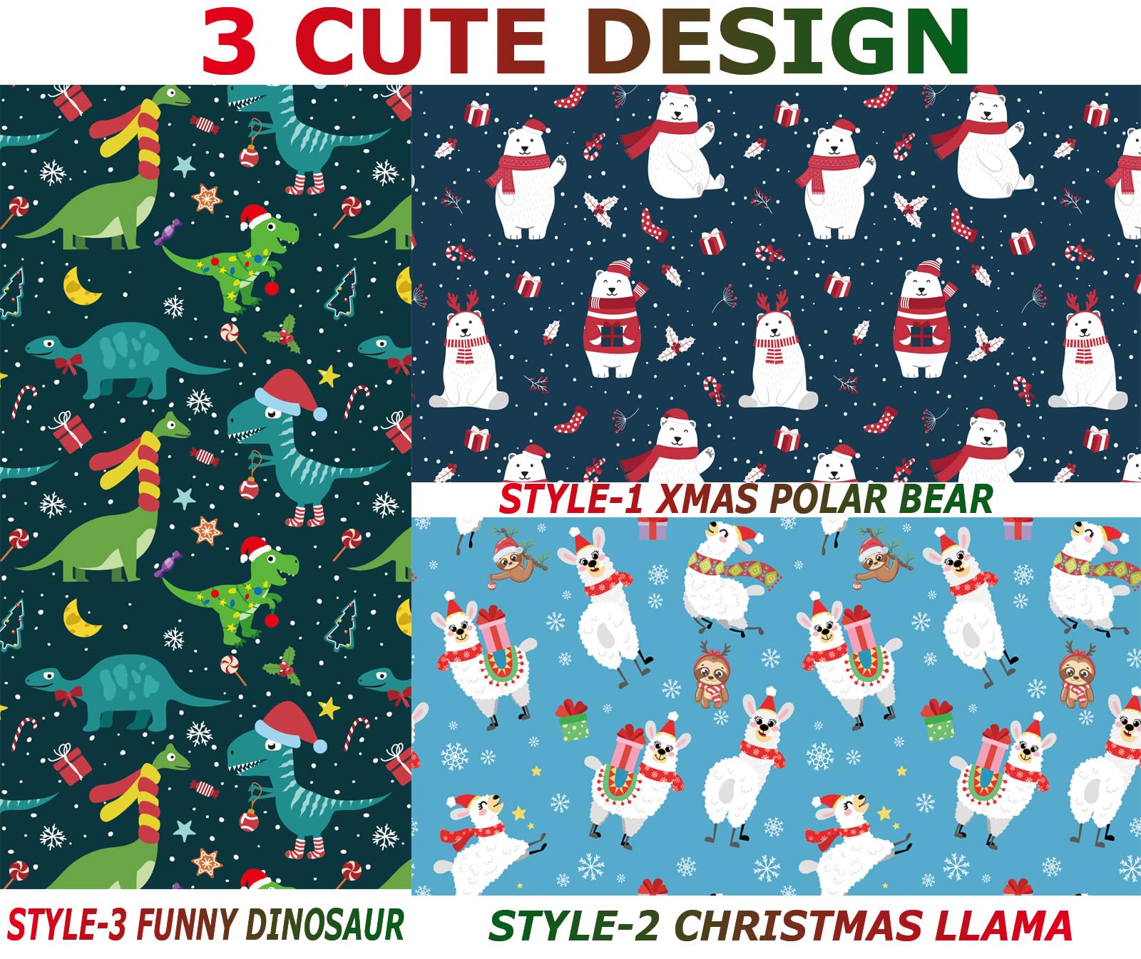 U'COVER Christmas Wrapping Paper for Kids Boys Girls 6 Large Sheet Gift Wrapping Paper for Women Men Christmas Dinosaur,Bear,Llama Sloth Xmas Holiday New Year Wrap Paper Folded Flat 27 * 37inch