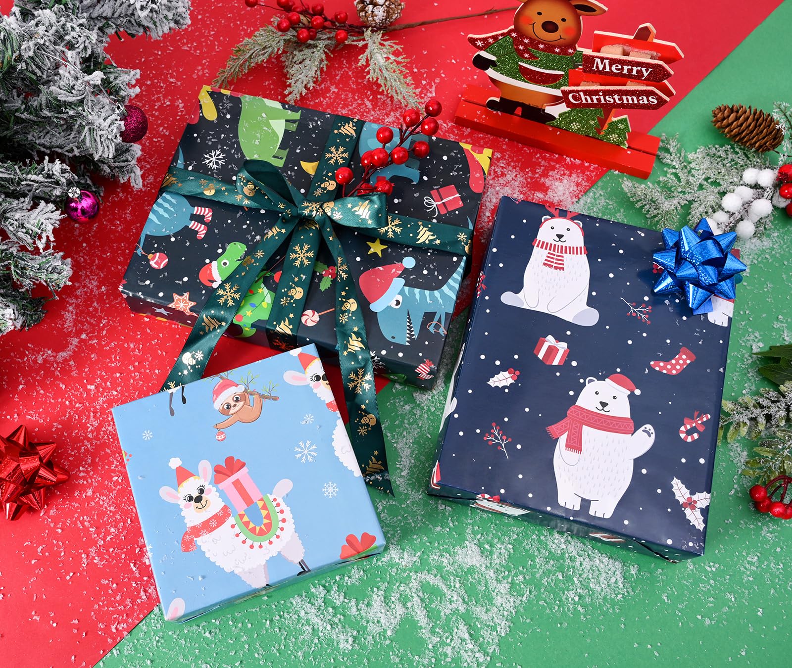 U'COVER Christmas Wrapping Paper for Kids Boys Girls 6 Large Sheet Gift Wrapping Paper for Women Men Christmas Dinosaur,Bear,Llama Sloth Xmas Holiday New Year Wrap Paper Folded Flat 27 * 37inch