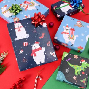 U'COVER Christmas Wrapping Paper for Kids Boys Girls 6 Large Sheet Gift Wrapping Paper for Women Men Christmas Dinosaur,Bear,Llama Sloth Xmas Holiday New Year Wrap Paper Folded Flat 27 * 37inch