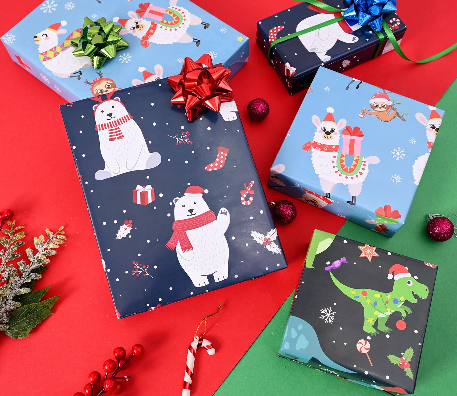 U'COVER Christmas Wrapping Paper for Kids Boys Girls 6 Large Sheet Gift Wrapping Paper for Women Men Christmas Dinosaur,Bear,Llama Sloth Xmas Holiday New Year Wrap Paper Folded Flat 27 * 37inch