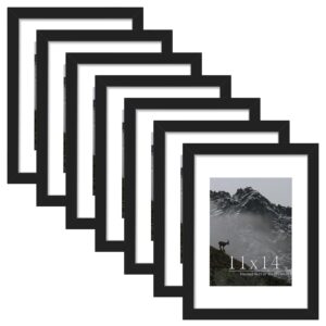 picrit 11x14 picture frame set of 7, display 8 x 10 with mat or 11 x 14 without mat, photo frames for wall mounting or table top display, black.