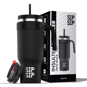 sip sip insulted 30oz stainless steel tumbler with handle and straw lid for water, iced coffee and more, separate lid top for hot beverages, double wall vacuum all in one tumbler (black)