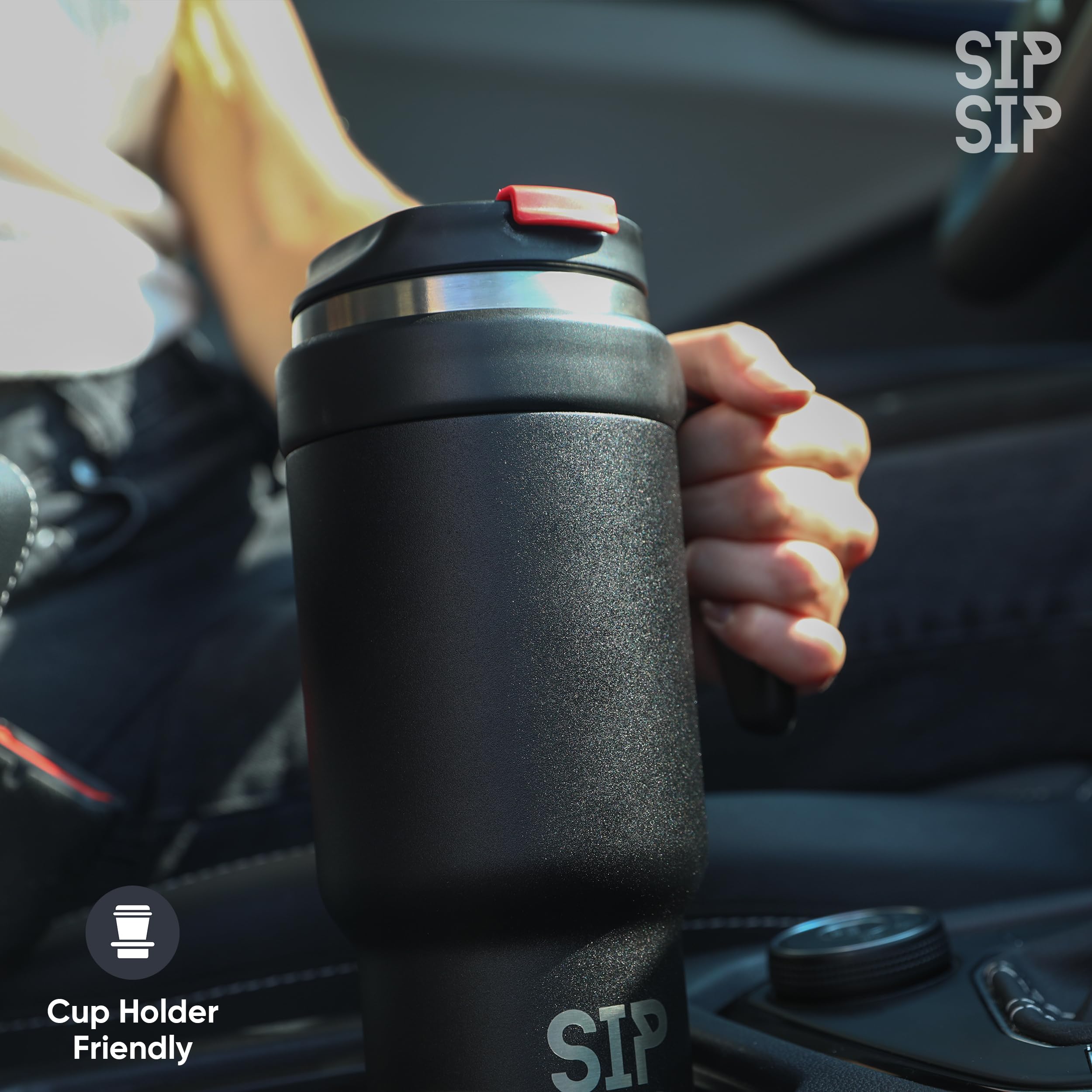 SIP SIP insulted 30oz stainless steel tumbler with handle and straw lid for water, iced coffee and more, Separate lid top for hot beverages, double wall vacuum all in one tumbler (Black)