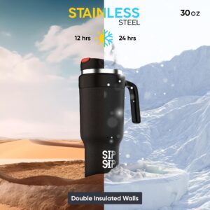 SIP SIP insulted 30oz stainless steel tumbler with handle and straw lid for water, iced coffee and more, Separate lid top for hot beverages, double wall vacuum all in one tumbler (Black)