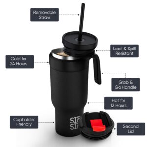 SIP SIP insulted 30oz stainless steel tumbler with handle and straw lid for water, iced coffee and more, Separate lid top for hot beverages, double wall vacuum all in one tumbler (Black)