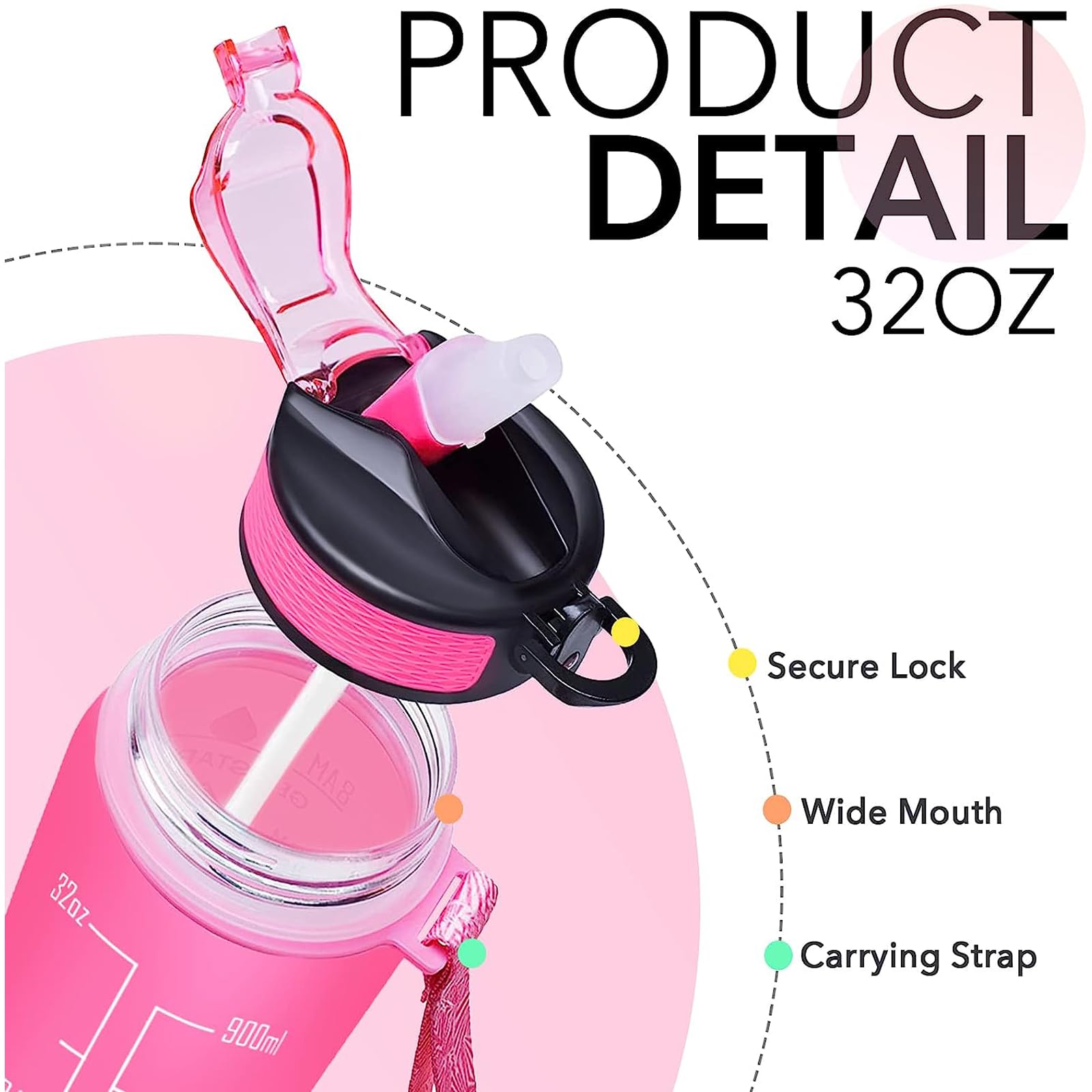 Wisedeal Gigi 32 oz Water Bottle with Times Marker to Drink and Straw, Carrying Strap, Leakproof Tritan BPA-Free, Ensure You Drink Enough Water for Fitness, Gym, Camping, Outdoor Sports