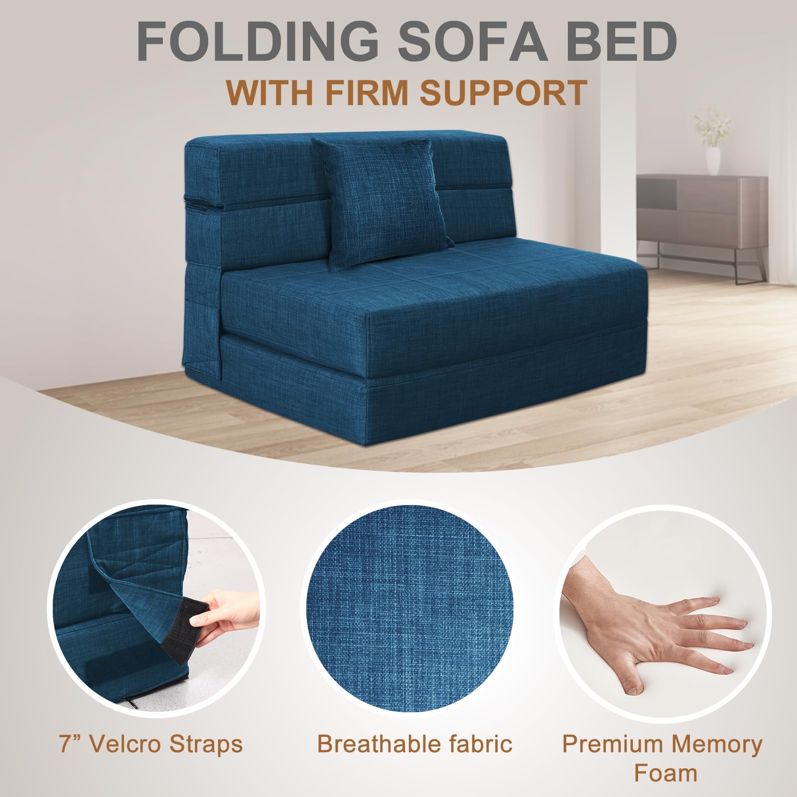 Nigoone Folding Sofa Bed Couch Memory Foam with Pillow Sleeper Chair Lazy Couch Twin Size Futon Convertible Guest Beds,Washable Cover,Dark Blue