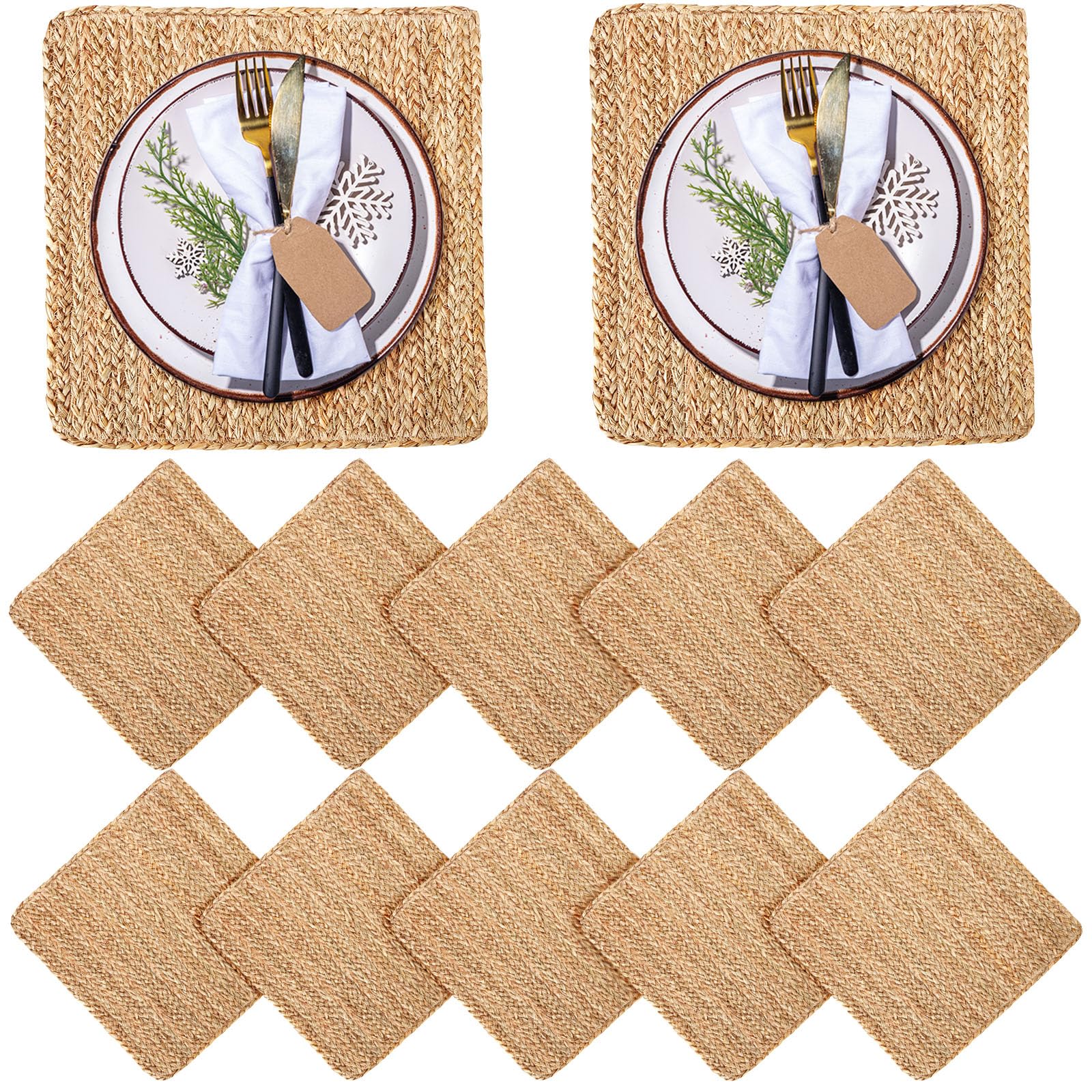 Jinei 12 Pcs Jute Braided Placemats Square Jute Placemats Rattan Straw Woven Placemats 14x14 Inch Water Hyacinth Woven Placemats Boho Table Mats for Home Holiday Party Farmhouse Dining Table