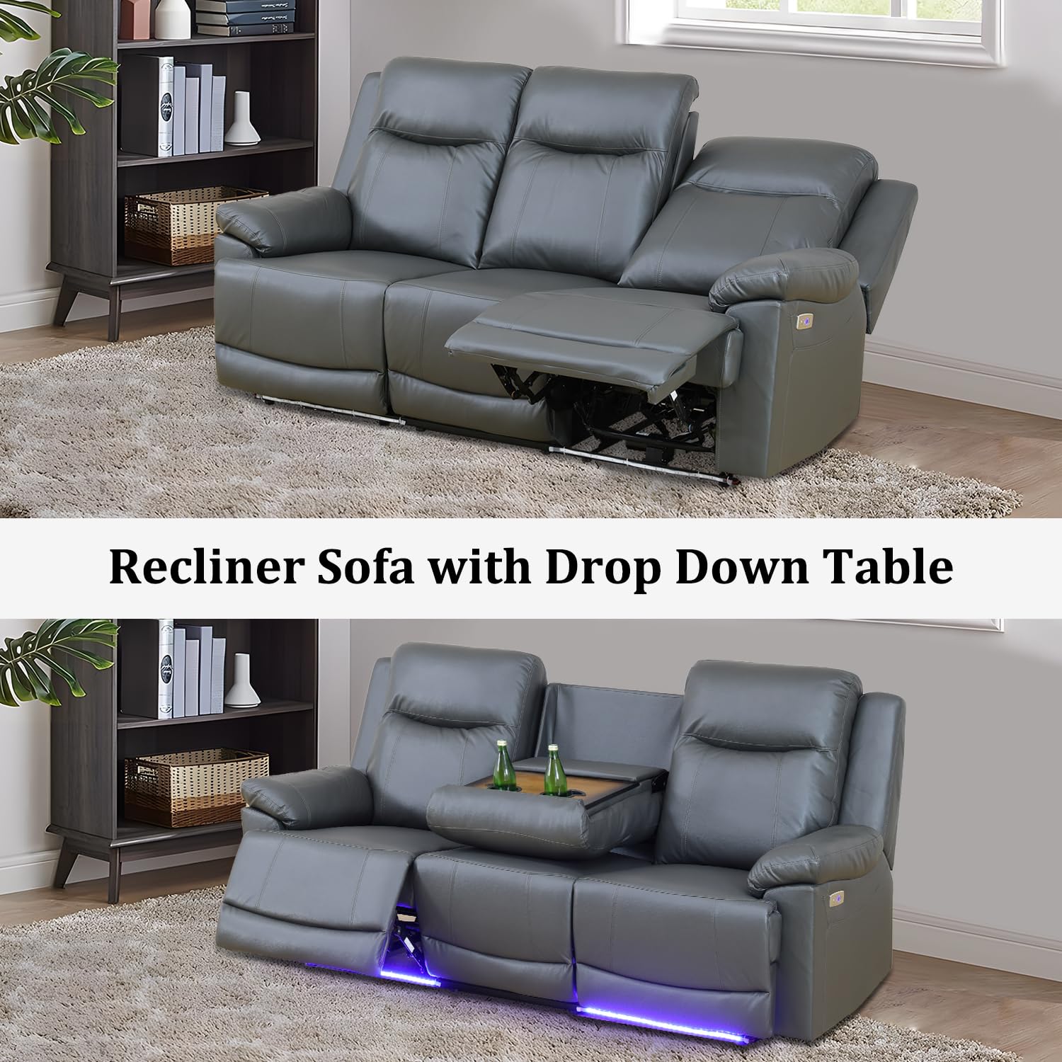 Leather Power Recliner Sofa Set with LED, Power Reclining Living Room Set, Leather Sofa Couch Set with USB Port/Cup Holder/Storage (Leather Sofa and Loveseat, Dark Grey)