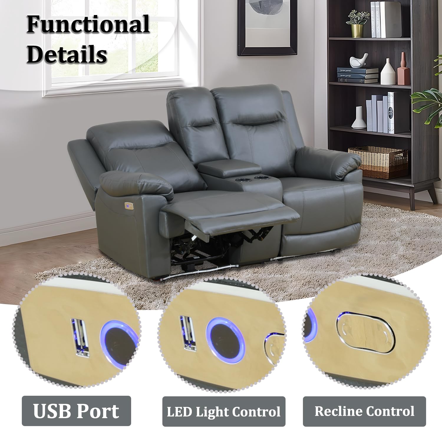 Leather Power Recliner Sofa Set with LED, Power Reclining Living Room Set, Leather Sofa Couch Set with USB Port/Cup Holder/Storage (Leather Sofa and Loveseat, Dark Grey)