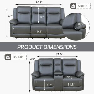 Leather Power Recliner Sofa Set with LED, Power Reclining Living Room Set, Leather Sofa Couch Set with USB Port/Cup Holder/Storage (Leather Sofa and Loveseat, Dark Grey)