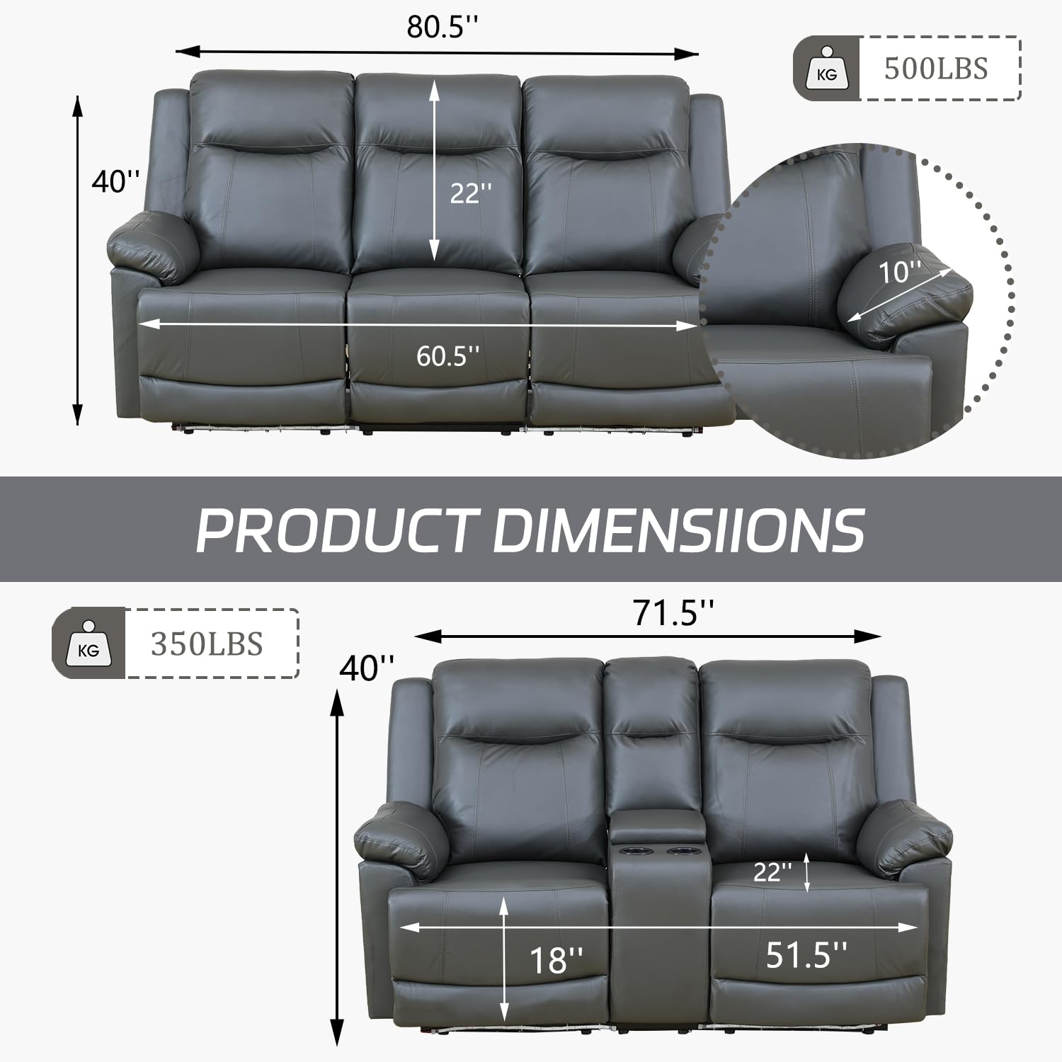 Leather Power Recliner Sofa Set with LED, Power Reclining Living Room Set, Leather Sofa Couch Set with USB Port/Cup Holder/Storage (Leather Sofa and Loveseat, Dark Grey)