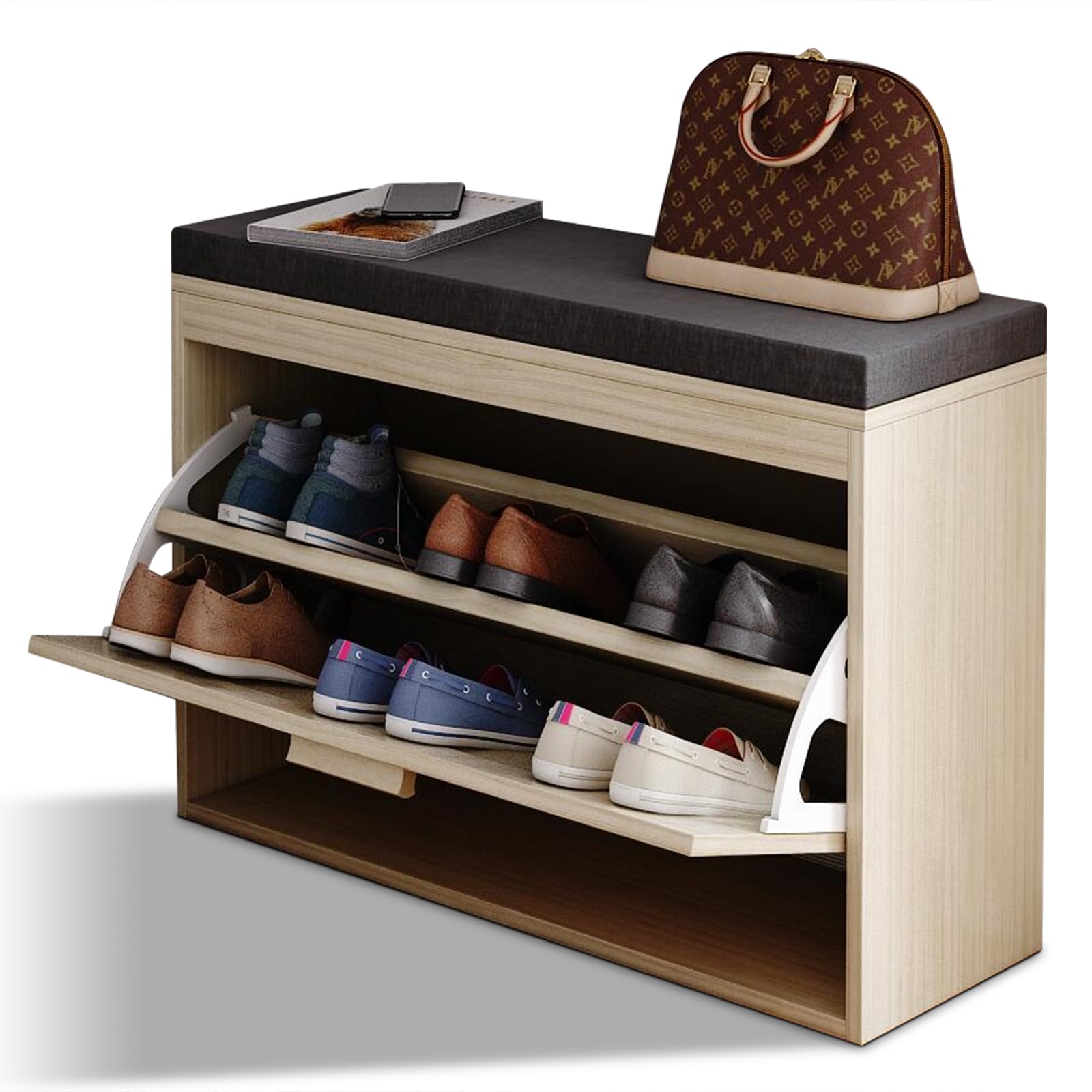 HomVent Rattan Shoe Rack, Shoe Cabinet with Flip-Drawer and Seat Cushion, Hallway Shoe Bench,