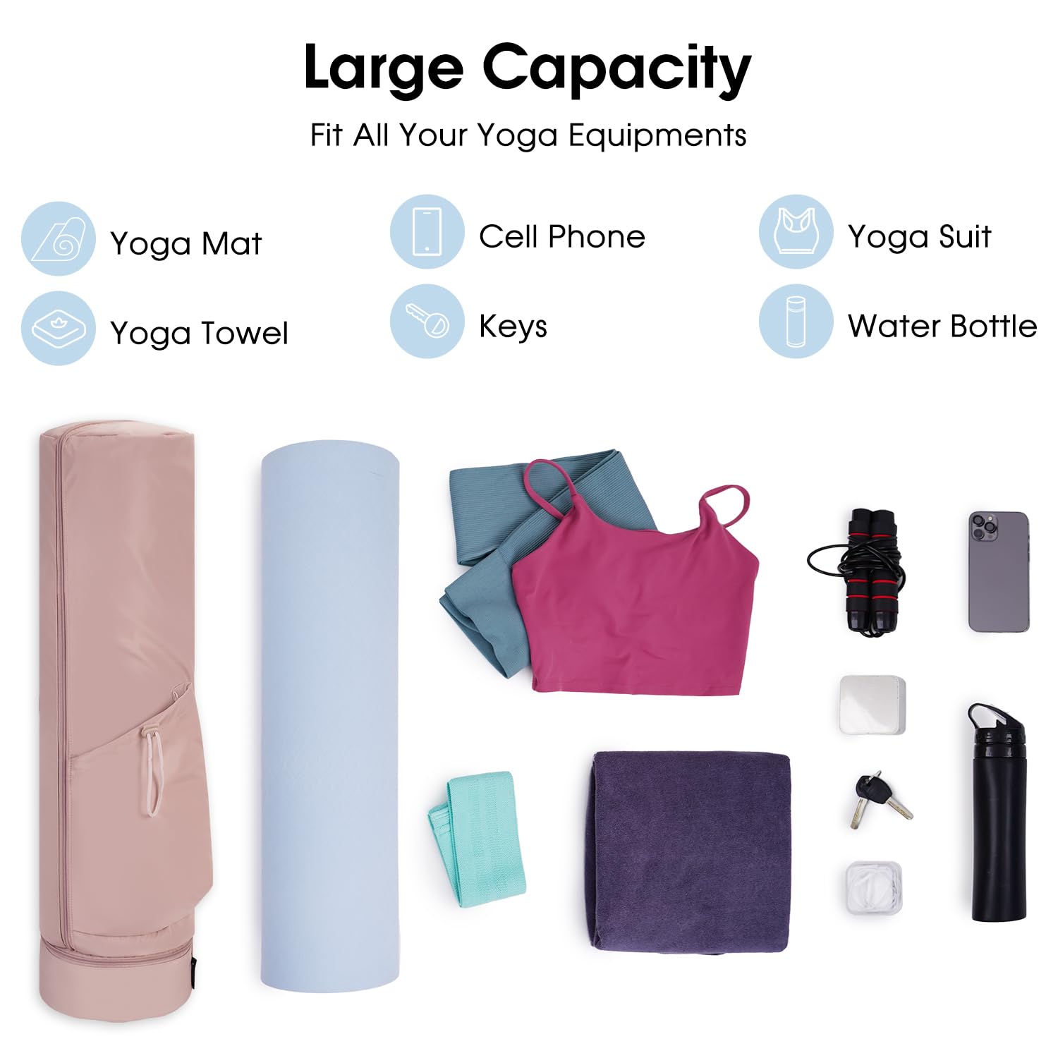 sportsnew Yoga Mat Bag, Full Zip Cargo Yoga Mat Carrier Bag with Drawstring Water Bottle Pocket and Bottom Wet Pocket, Exercise Yoga Mat Carrier Holder Multi-Functional Storage Bag, Pink patent pendin