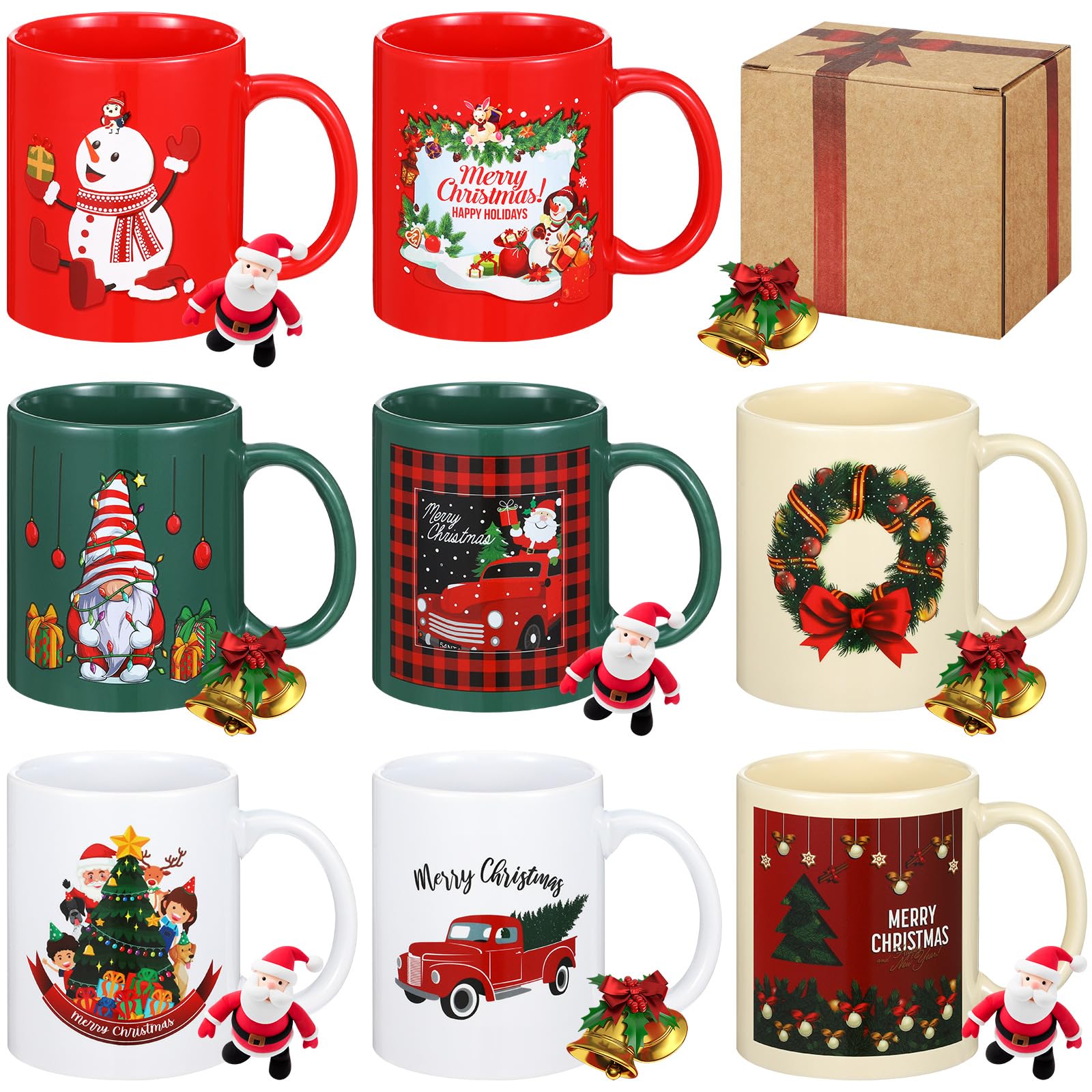 Maxdot 8 Pieces Christmas Mugs 12oz Mug Set Christmas Coffee Mugs with Handle Christmas Ceramic Matching Mugs for Home School Office Table Centerpieces Housewarming Holiday Party Gift