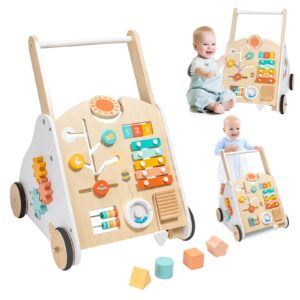 Twefex Wooden Baby Walker - Baby Push Walker with Music Box - Toddler Walker Push Toy with Adjustable Speed - Learning Activity Walker - Activity Center for Babies Boys and Girls