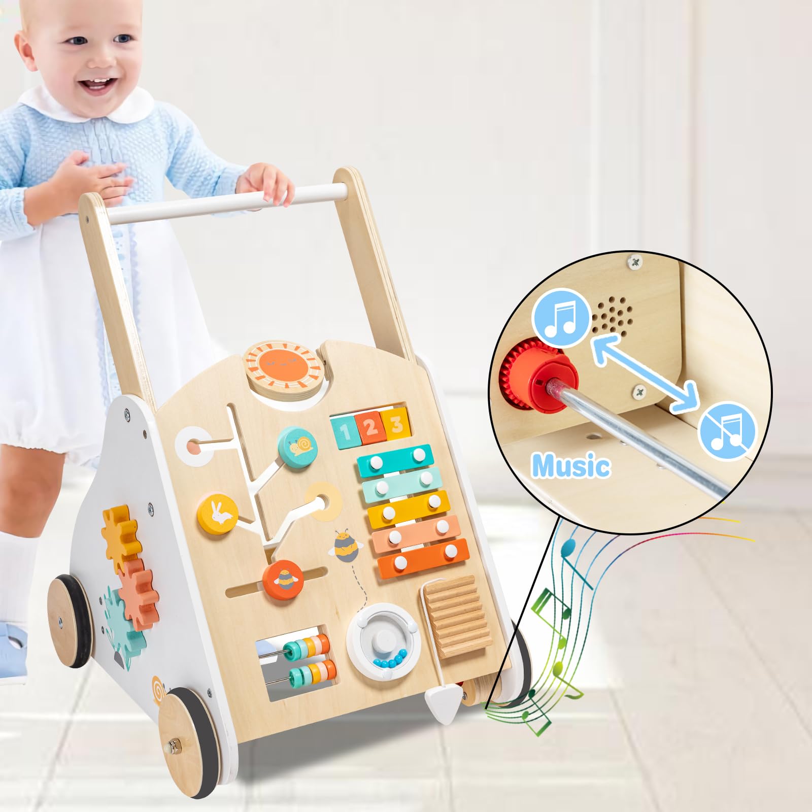 Twefex Wooden Baby Walker - Baby Push Walker with Music Box - Toddler Walker Push Toy with Adjustable Speed - Learning Activity Walker - Activity Center for Babies Boys and Girls