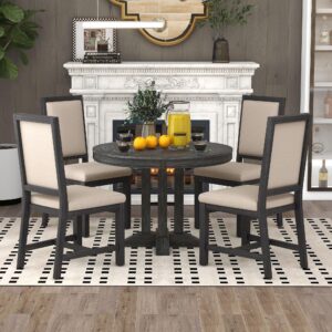 vilrocaz farmhouse 5-piece dining table set, extendable round table and 4 upholstered chairs, solid wood dining set of 5, seats up to 6 people for kitchen dining room (black-e)