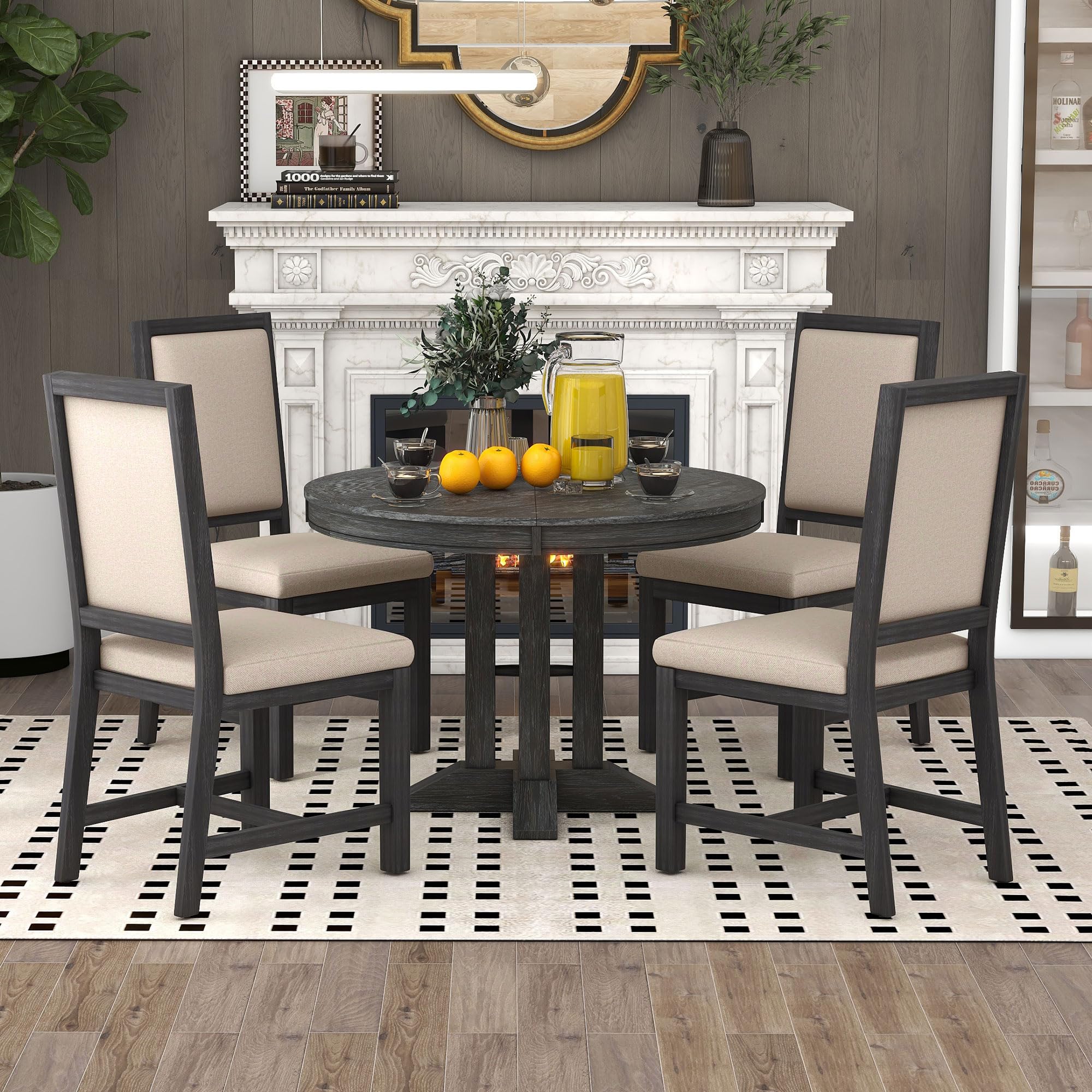 VilroCaz Farmhouse 5-Piece Dining Table Set, Extendable Round Table and 4 Upholstered Chairs, Solid Wood Dining Set of 5, Seats up to 6 People for Kitchen Dining Room (Black-e)