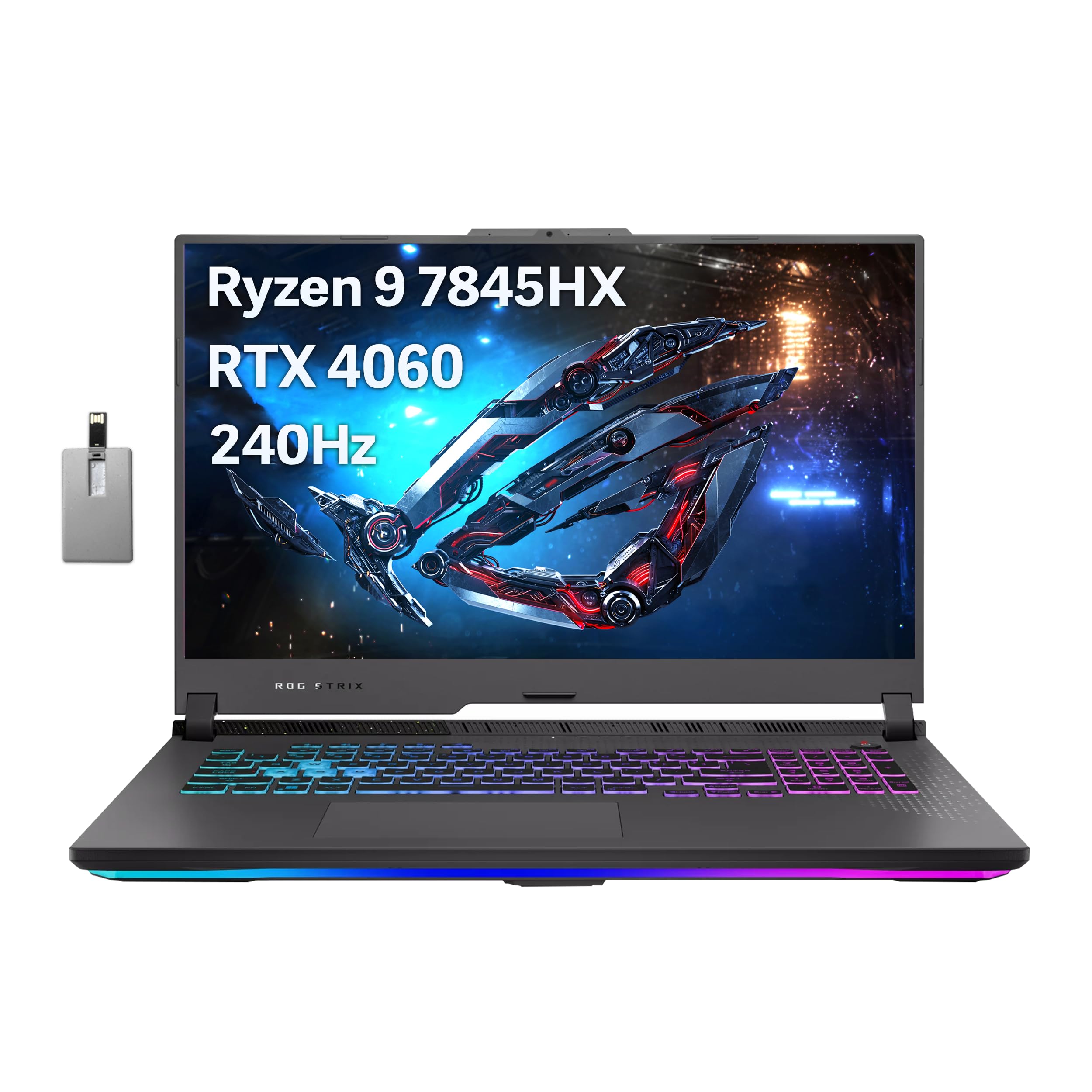 Asus 2023 ROG Strix G17 17.3” QHD 240Hz Gaming Laptop, AMD Ryzen 9-7845HX, NVIDIA GeForce RTX 4060, 32GB DDR5, 1TB PCIe SSD, RGB Backlit Keyboard, Wi-Fi 6E, Win 11 Home, Gray, 32GB Snowbell USB Card