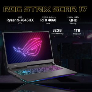 Asus 2023 ROG Strix G17 17.3” QHD 240Hz Gaming Laptop, AMD Ryzen 9-7845HX, NVIDIA GeForce RTX 4060, 32GB DDR5, 1TB PCIe SSD, RGB Backlit Keyboard, Wi-Fi 6E, Win 11 Home, Gray, 32GB Snowbell USB Card