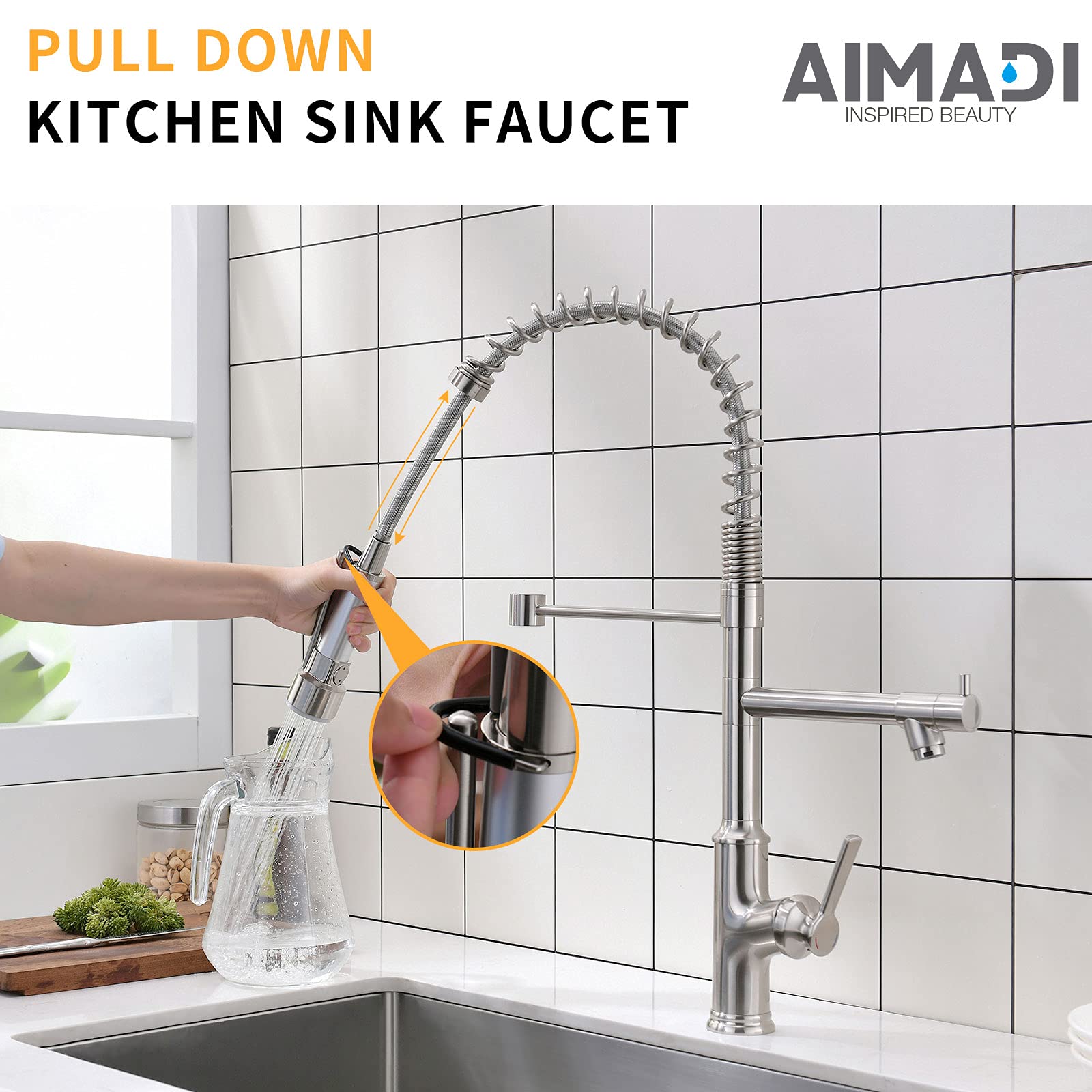 Commercial Kitchen Faucet AIMADI,Kitchen Faucets with Pull Down Sprayer Brushed Nickel Stainless Steel Kitchen Sink Faucets